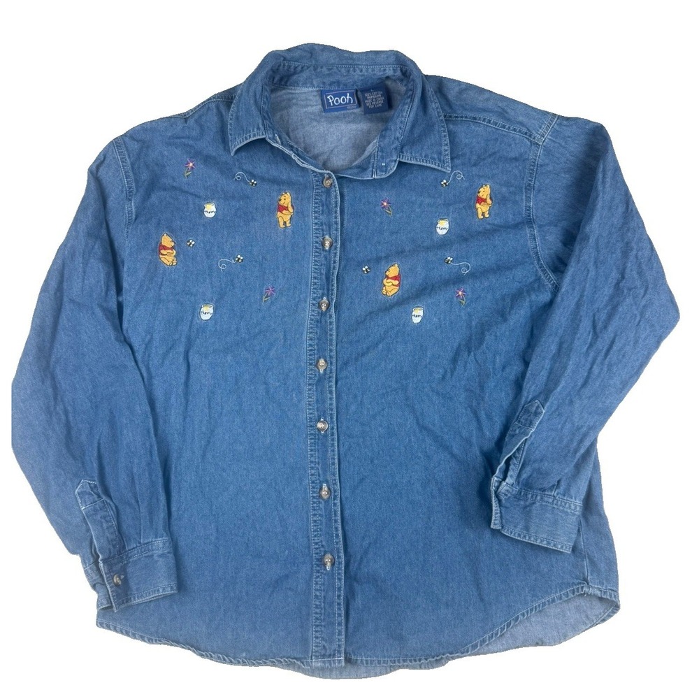 Disney Winnie the Pooh Womens L Denim Shirt Embroidered Honey Bee Vintage